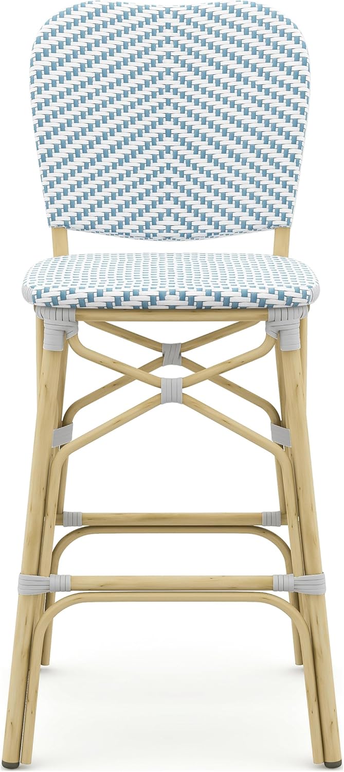 Greemotion Adino Coastal Aluminum and All-Weather Wicker 44.75 in. H Outdoor Armless Bar Chair Set of 2 for Outdoor Kitchen, Patio, Pool Area, Blue and Natural