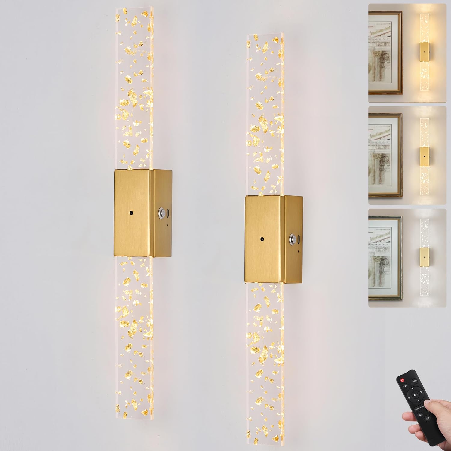 Battery Operated Wall Sconce Set of Two, 3000K/4500K/6000K Rechargeable Battery Powered Wall Light, No Hardwired Dimmable LED Cordless Sconce Lighting for Living Room Bedroom 16 Inch