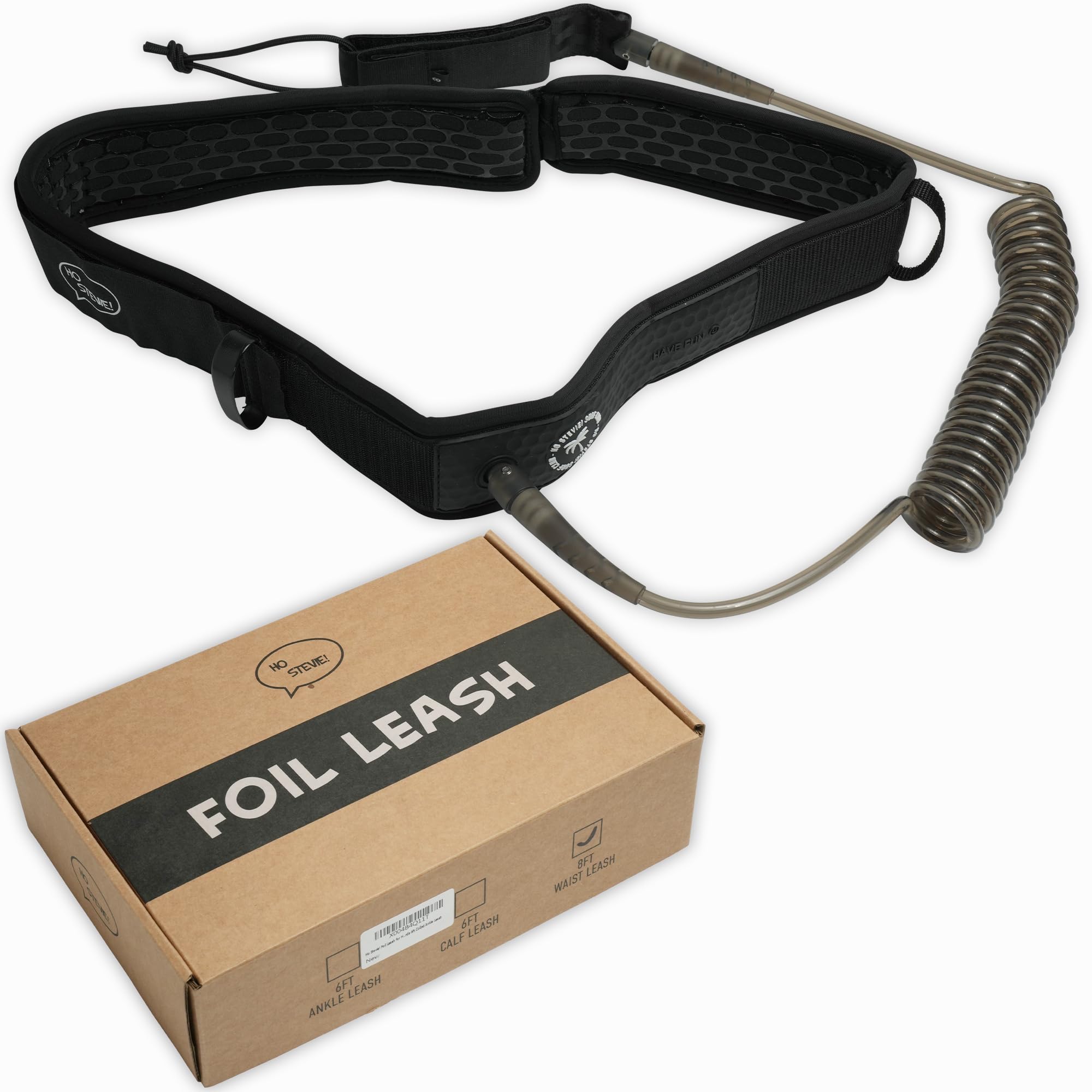 Ho Stevie! Foil Waist Leash for Hydrofoil Boards - No Drag in Water, No Toe Tangles - 8ft Coiled Waist Leash