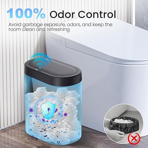 Miniatura 4 de Basurero de baño de 5 galones con tapa, sensor de movimiento automático, color negro, cubo de basura delgado e impermeable sin contacto para cocina,