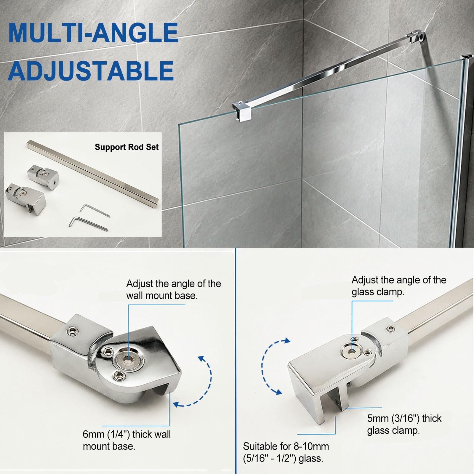 barra de soporte para mampara de ducha Barra de soporte para mampara de ducha de pared a cristal, Compatible con soportes de fijación para cristal de 8, 10, 12mm para tabiques(Silver,45in(114.3cm))