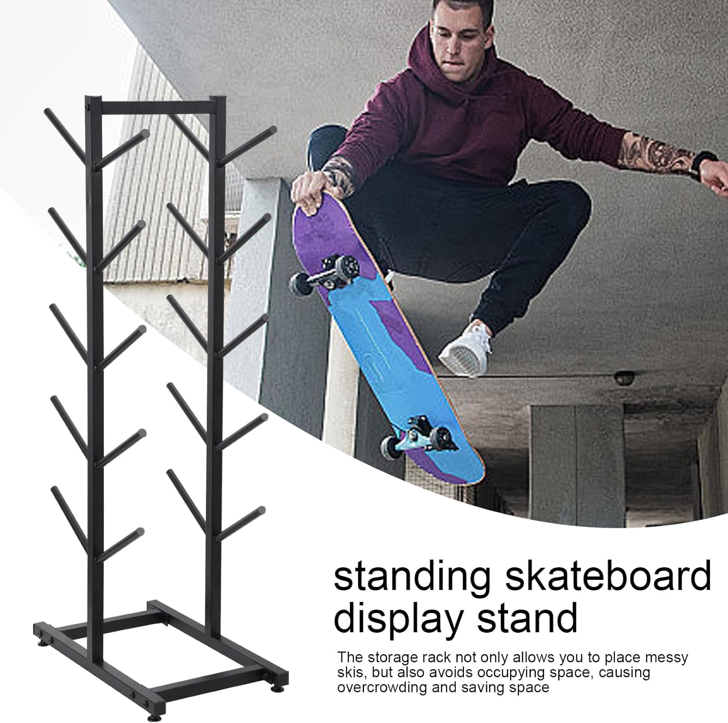 5-Layer Skateboard Rack Snowboard Rack,Skateboard Rack Floor Stand,Double-Sided Metal Snowboard Storage Rack,frees Standing for Skis/Skateboards/Scooter,Floor Display Stand for Garage/Shop
