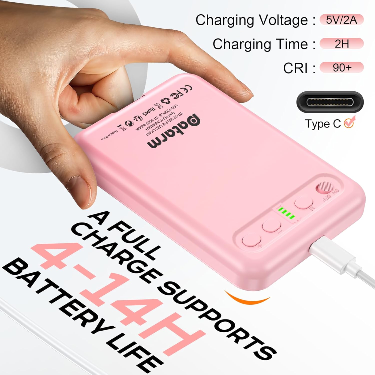 Datarm DT-02 Selfie Light being charged via a Type-C cable, displaying charging voltage, time, CRI, and battery life.