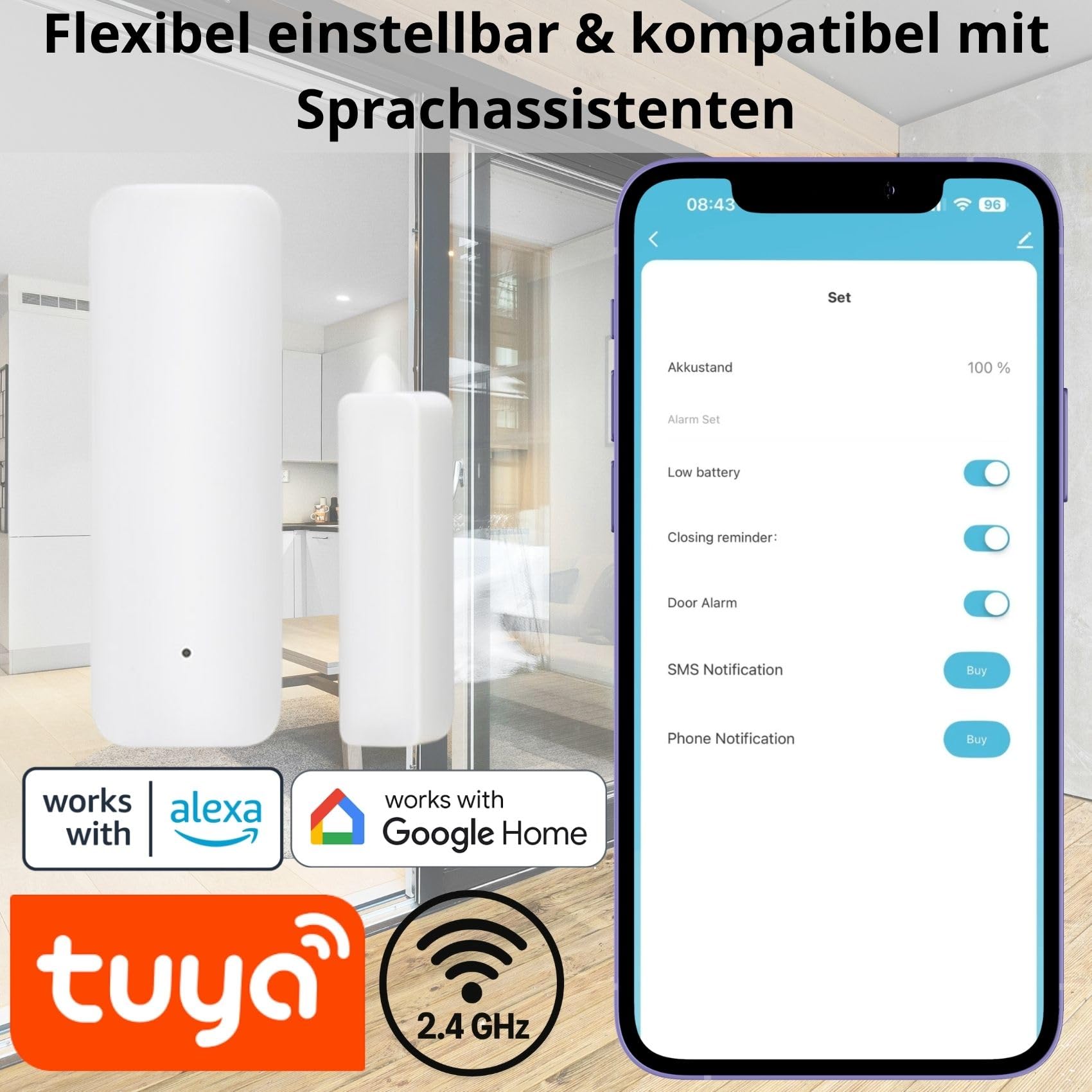 Sone Smart One Türsensor Alarm, Fenstersensor Drahtloser. Alarm in Echtzeit. WLAN WiFi Smart Life/Tuya App kompatibel mit Alexa/Google Home