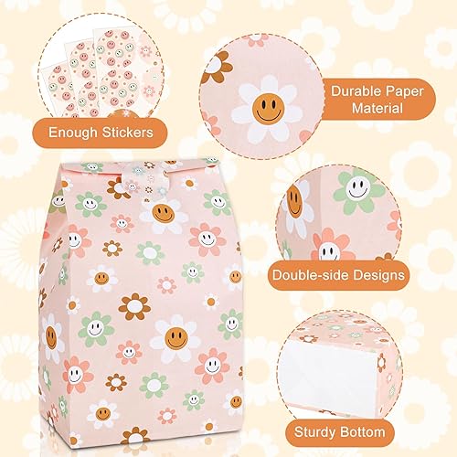 Miniatura 3 de AnyDesign 24 bolsas de regalo de fiesta estilo bohemio vintage, 6 diseños de margaritas sonrientes, bolsas de regalo de papel con calcomanías,