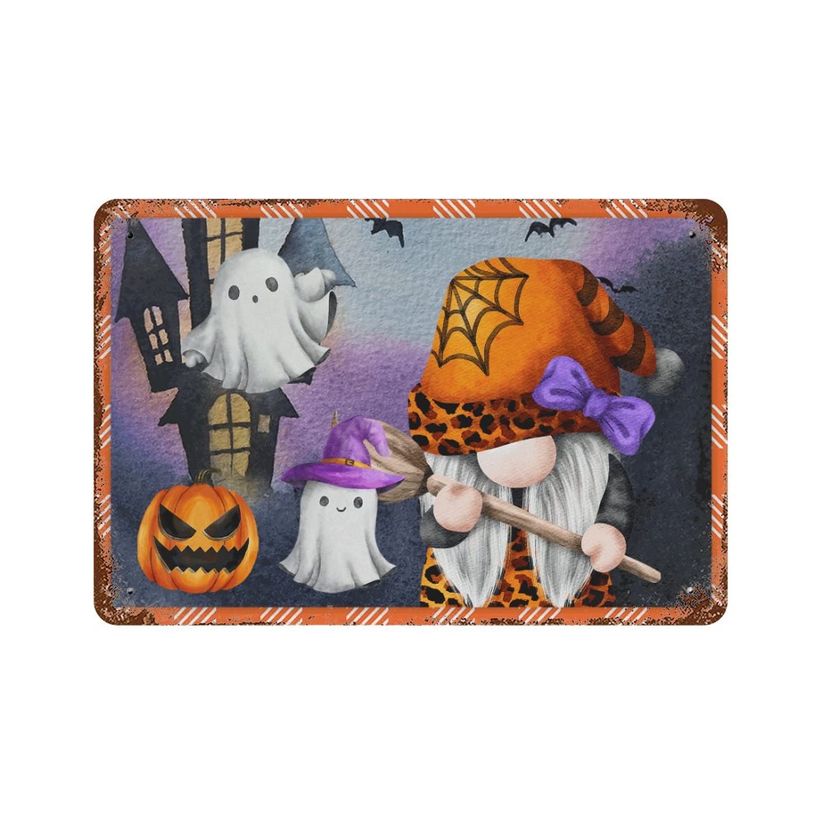 Panneau Happy Halloween aluminium avec nain citrouilles de jardin