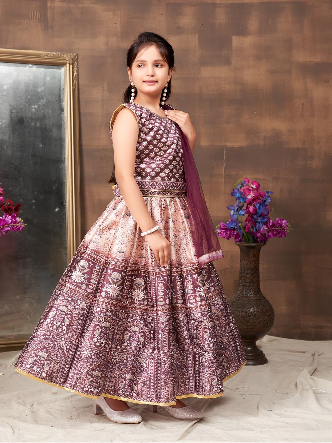 Aarika Girls Ethnic Wear Brown Colour Floral Print Embellished Stone Silk Lehenga Choli Set (5-11 Years)