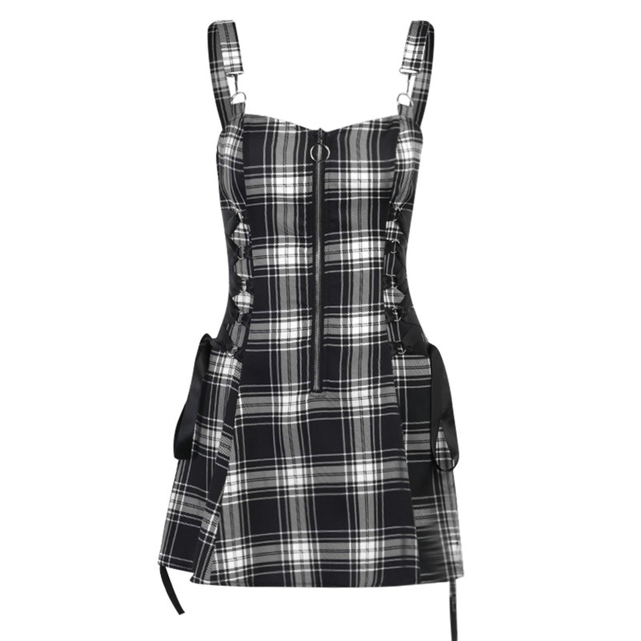 Vestido con Cremallera y Tirantes a Cuadros a la Moda de Primavera, Ropa de Mujer