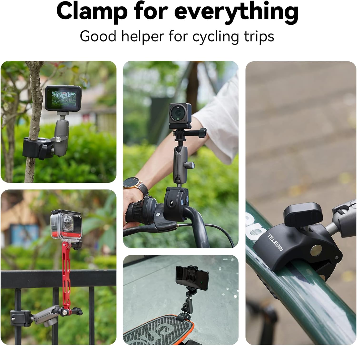 Dual-Ball Clamp Mount + Adapter for GoPro Insta360 + Phone Clip, Bike Motorcycle Handlebar Extension Stick Pole Holder Attach Accessories for Go Pro Max Hero 13 12 11 10Insta 360 X5 Go3 DJI Action 4