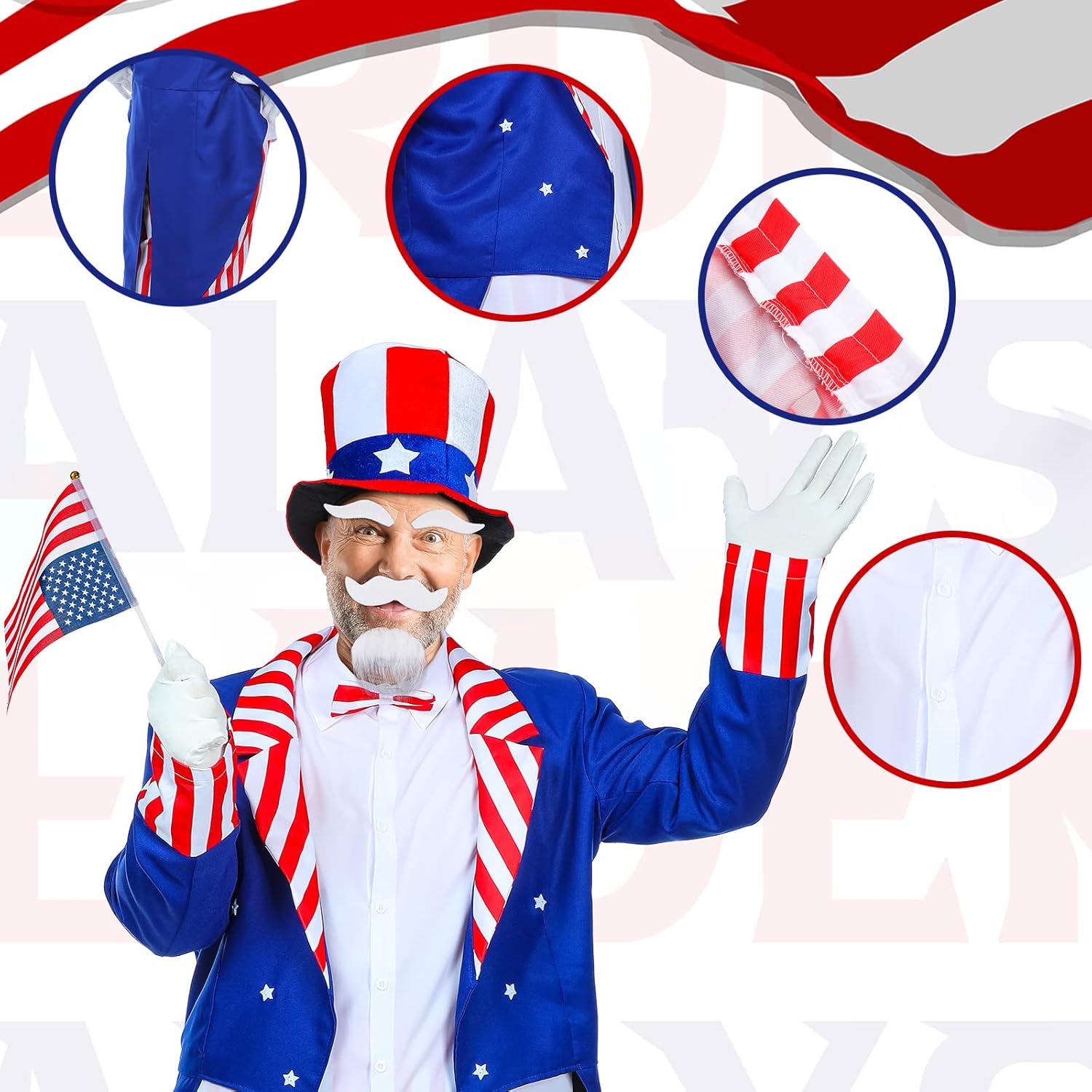 Handepo 9 Pcs America Uncle Costume Set USA Patriotic Top Hat for 4th of July Independent Day 250th Anniversary Cosplay Party