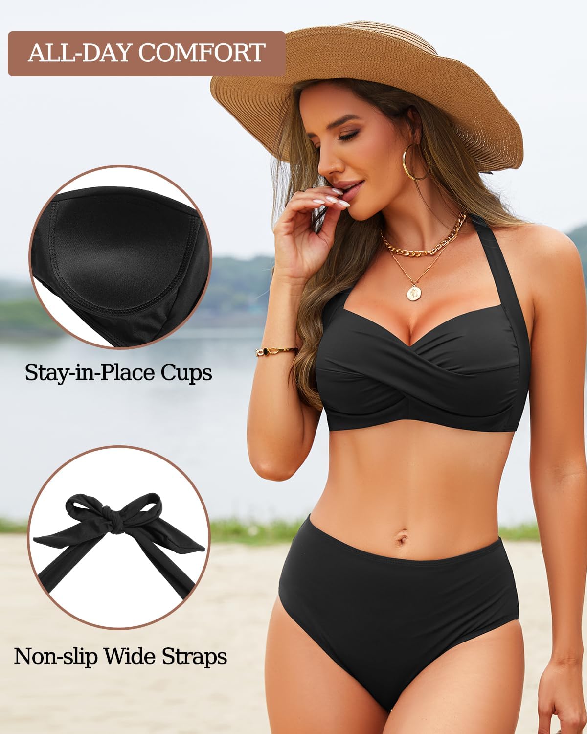 Yonique Women Halter Bikini Top Push Up Swimsuit Top Retro Swim Top Twist Front Bathing Suit Top Only