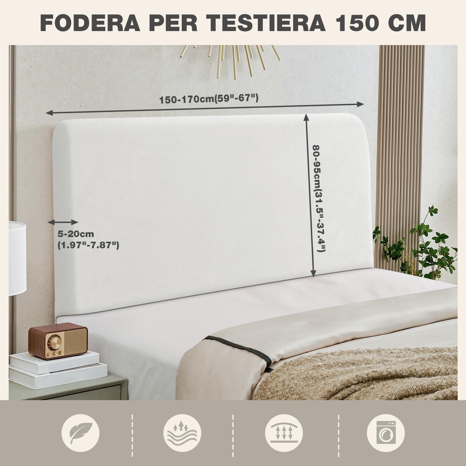 Copri Testiera Letto Elastico In Vello - Fodera Lavabile Per Testata Matrimoniale/Singola, Colore Grigio, Dimensioni 150-170 Cm (Altezza Max 80cm, Spessore 5-30cm) - 5