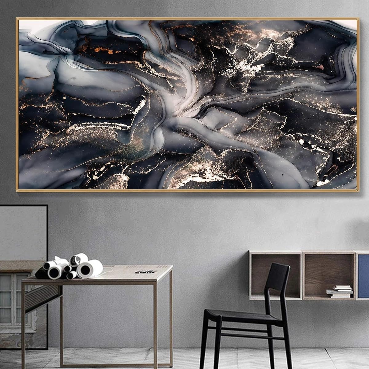 LTjiajuypd Canvas Print Poster Abstract Black Golden Ink Flow Painting Artwork Wall Room Decor(70X140cm)