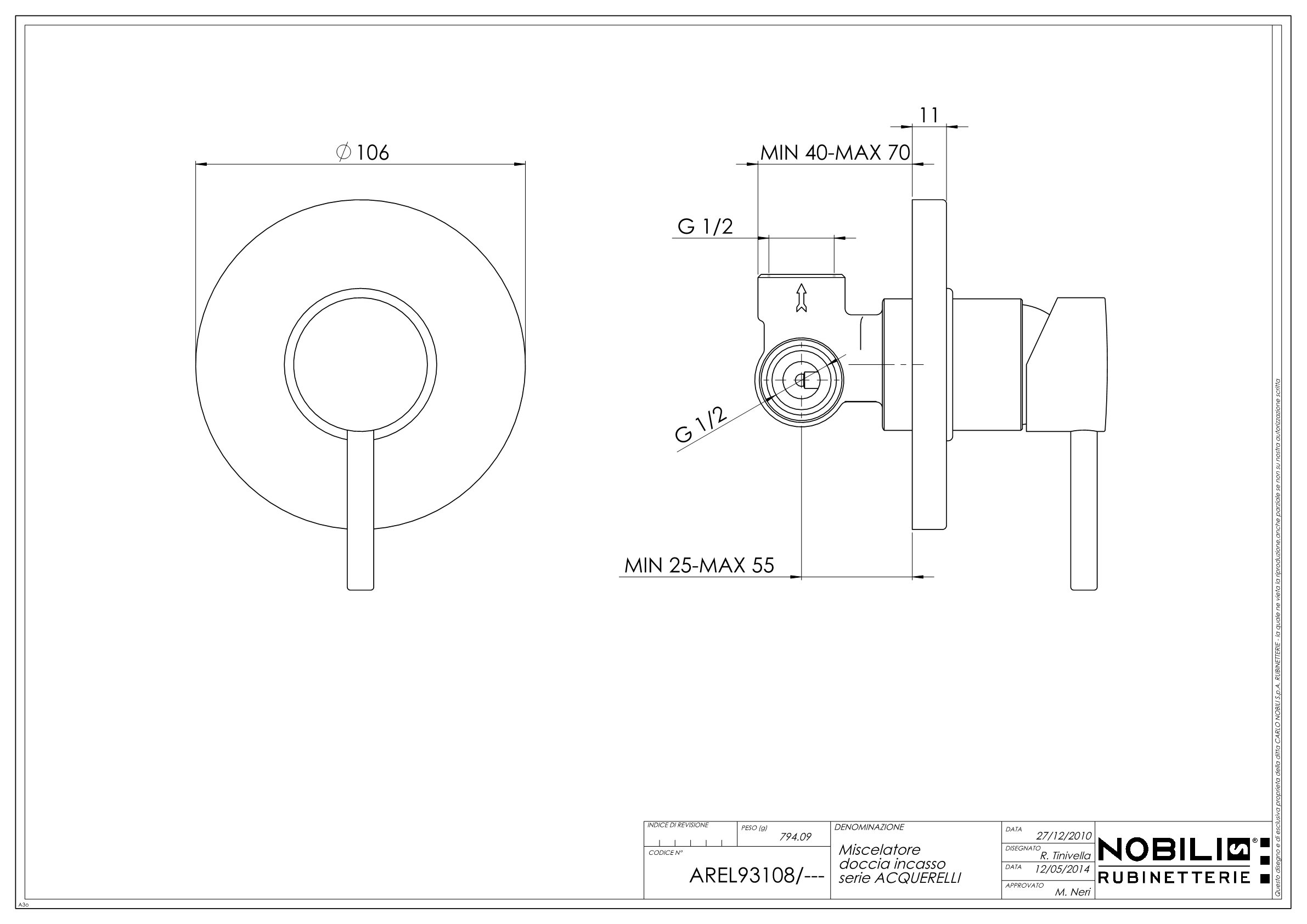 Nobili Rubinetterie Aq93108 Miscelatore Monocomando per Doccia ad Incasso Collezione Acquerelli Cromo