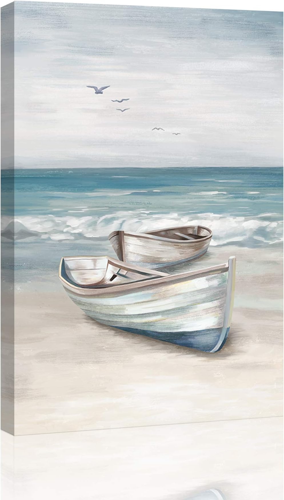 SUMGAR Ocean Wall Art Blue White Sea Canvas Paintings Sandy Beach Pictures Boat Coastal Artwork Framed Seashore Prints Seaside View Home Decor for Bathroom Living Room Bedroom 40x60cm