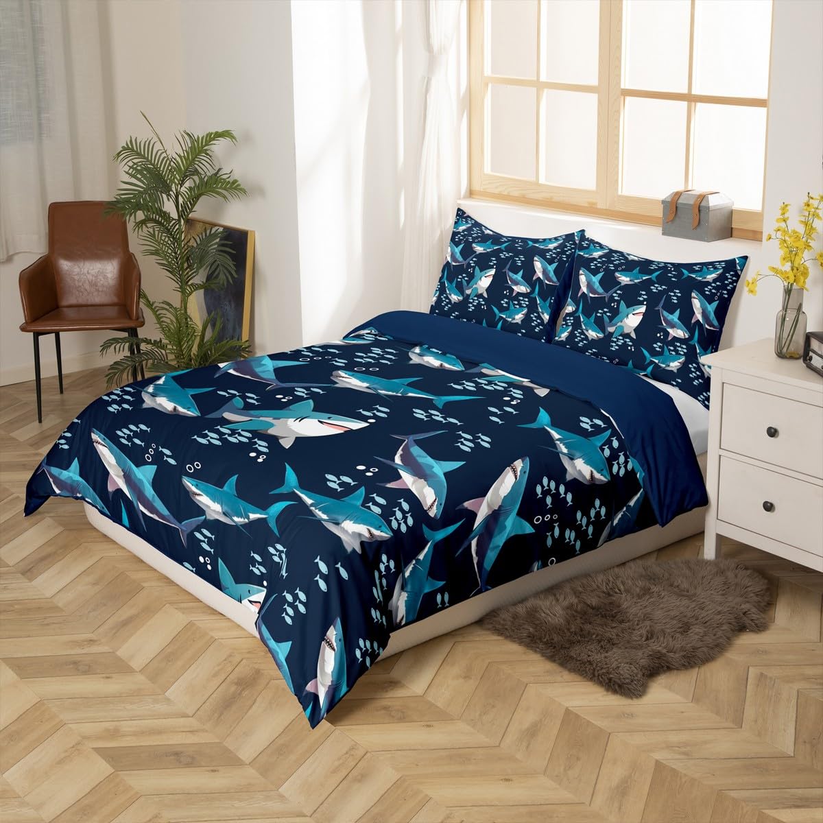 jejeloiu Shark Duvet Cover Toddler Size Kids Ocean Sea Animal Comforter Cover Set for Boys Girls Teens Sea Underwater World Bedding Set Breathable Aquatic Animal Bedspread Cover Marine Quilt Cover