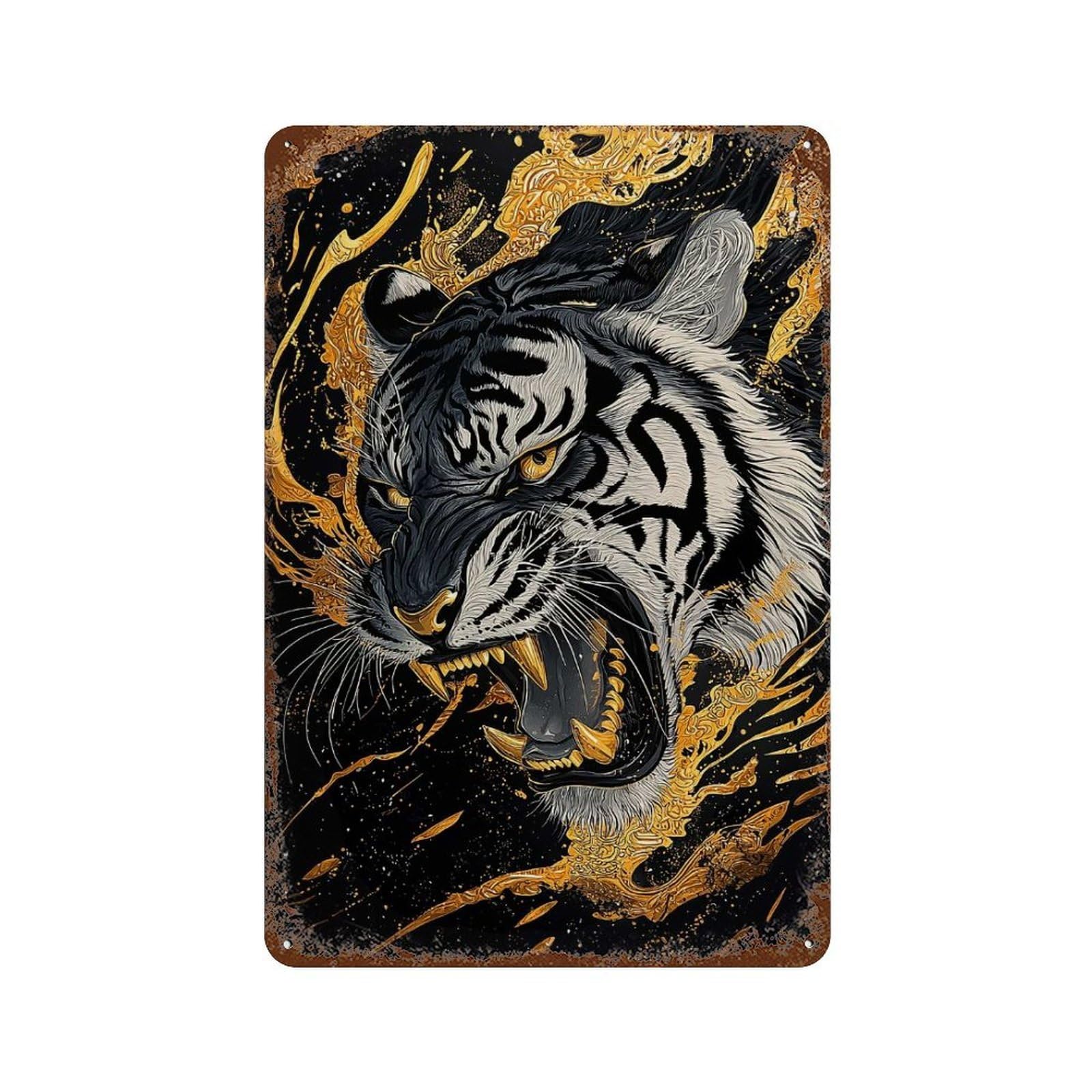 Golden Tiger Roar Rustic Tin Plaque 11.8"x7.9", Industrial Home Decor for Pub, Kitchen And Man Cave Decor