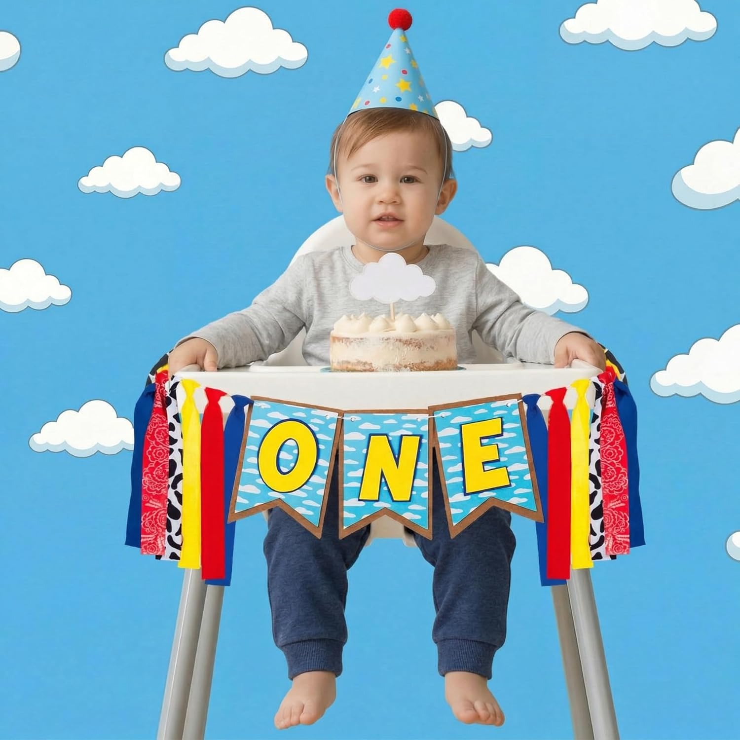 VitalCozy Birthday High Chair Banner Garland cartoon Decorations birthday Party Highchair Banner With Ribbon Fabric for Gender Neutral Highchair Decor(Cartoon,Muticolor)