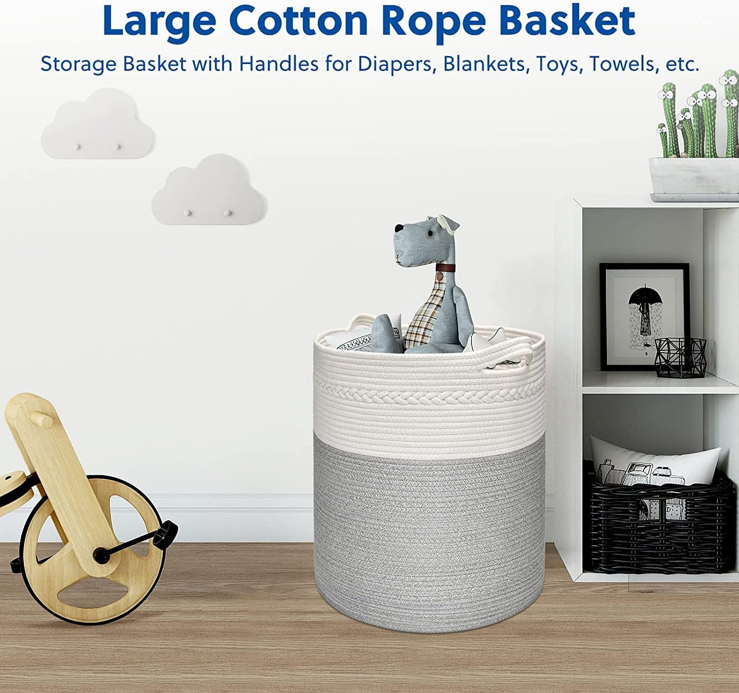 Vamcheer Cotton Rope Basket-Extra Large Collapsible Laundry Baskets,Woven Storage Basket Blanket Basket With Handle,Cute Baby Toy Basket Laundry Hamper-18'' x 18'' x 20''