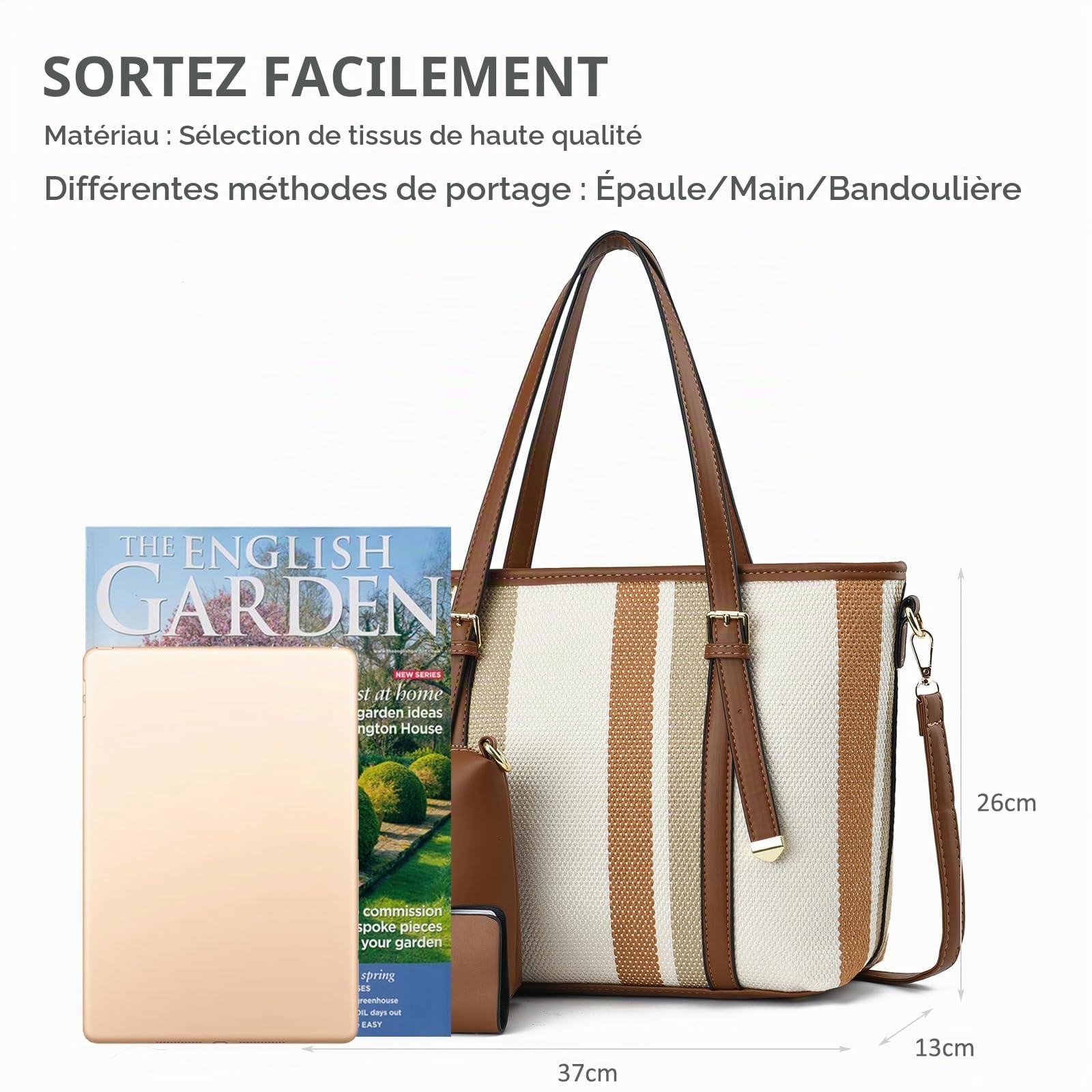 NICOLE & DORIS Ensemble Sac à Main Sac Fourre Tout Rayé Grand Sac Bandoulière Cabas Sac D'épaule Cuir PU 3 Pièces Sac avec Portefeuille pour Travail Shopping Voyage