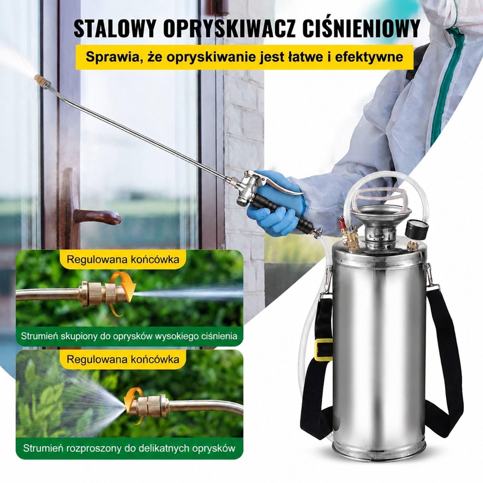 Opryskiwacz ciśnieniowy ze stali nierdzewnej 8 L z zakrzywioną lancą i dyszą wachlarzową do ogrodu oraz roślin