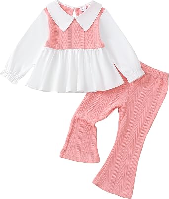 Kucnuzki Toddler Baby Girl Clothes Outfit Long Sleeve Blouse Polo Shirt Top Flare Leggings Pants Two Piece Outfits Set