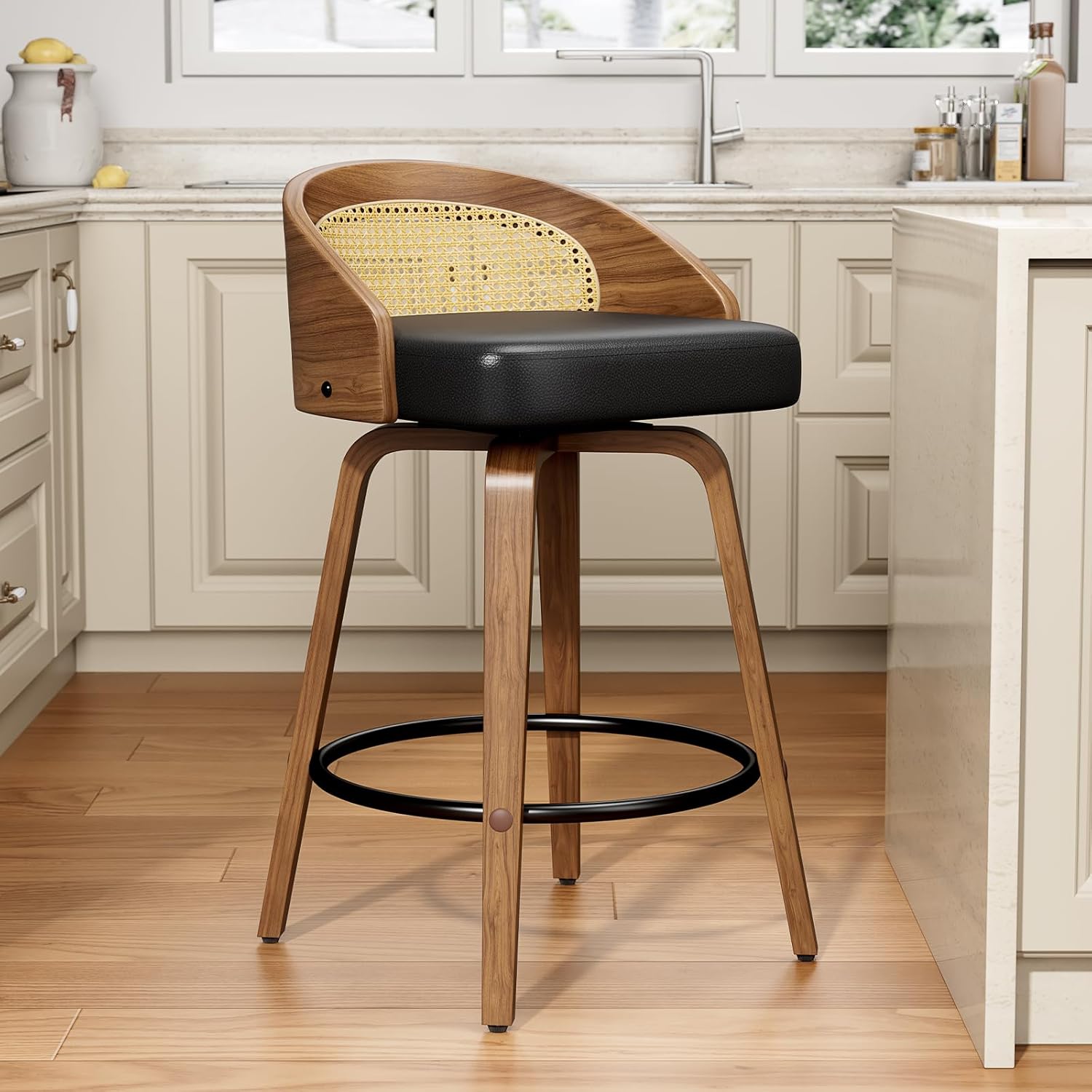 Rattan Bar Stools Set of 1, 26" Swivel Counter Height Bentwood Barstool, Mid-Century Modern PU Leather Upholstered Bar Chair with Back and Footrest, for Kitchen Island, Bar, Dining Room, Cafe