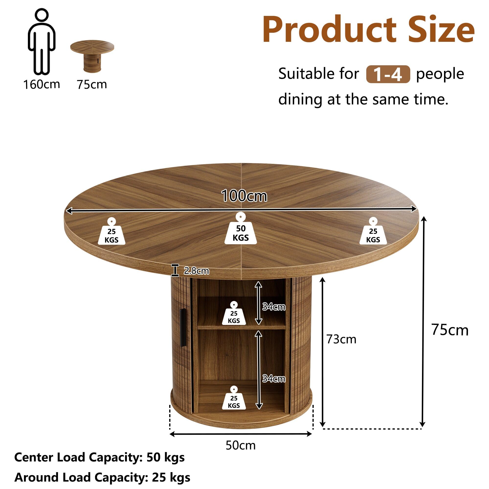 Mesa de Comedor Redonda Madera 100CM Mesa de Cocina Redonda con Estante de Almacenamiento de 2 Niveles y Puerta Corrediza de Madera Mesa de Comedor o Cocina Estable Mesa Redond Comedor 4 Personas