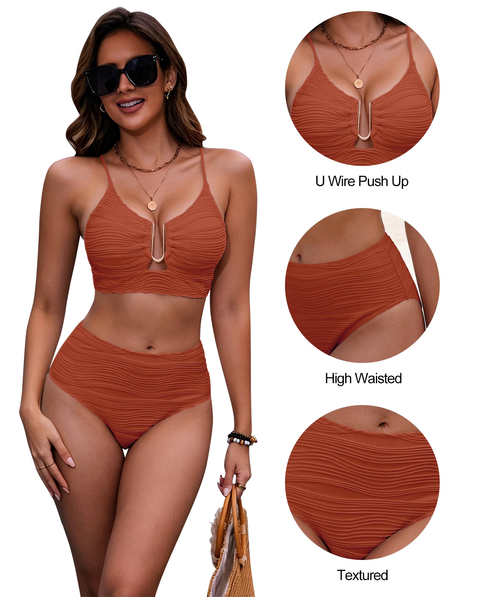 HORISUN Dwuczęściowe bikini z wysokim stanem, z regulowanymi ramiączkami, metalowe zapięcie w kształcie litery U, push up, górna część bikini, prążkowana dzianina, wyszczuplająca brzuch, modelująca
