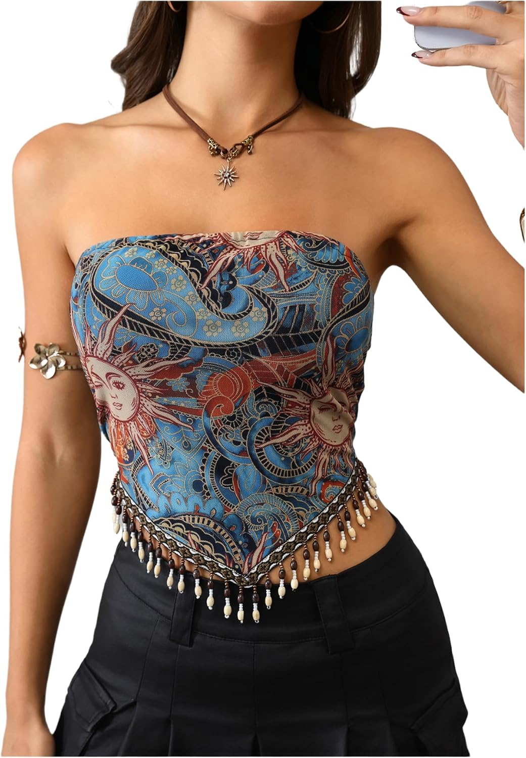 BEAUDRM Women's Boho Fringe Tube Tops 70s Hippie Paisley Bandana Country Concert Festival Crop Tops Whimsy Clothes
