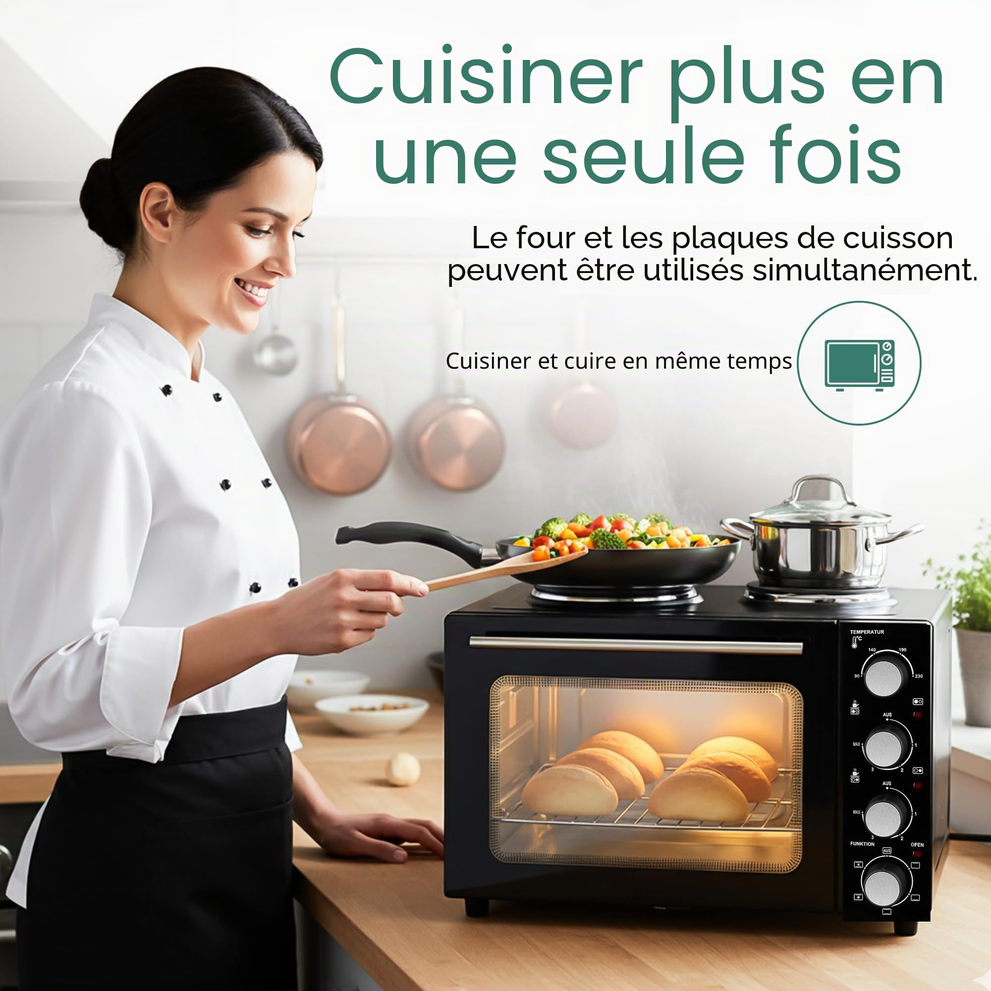EMERIO MO-125236.4 Four de 32 litres + 2 plaques de cuisson | Chaleur tournante + chaleur de voûte et de sole | Minuterie + régulateur de température | Plaque de cuisson et grille de cuisson | Four de