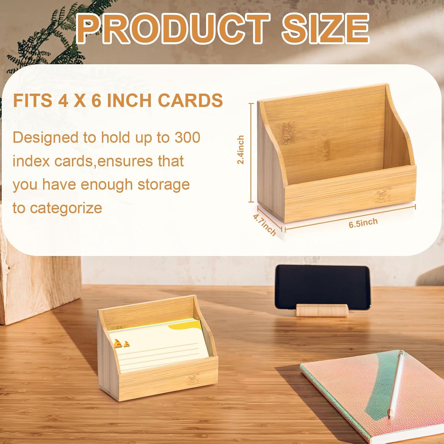 4x6 Wood Index Card Holder Wooden Index Card Box Cards Display Stand Notecard Box Business Cards Organizer Post Cards Case for Business Desk Office Home School Capacity 300 Sheets