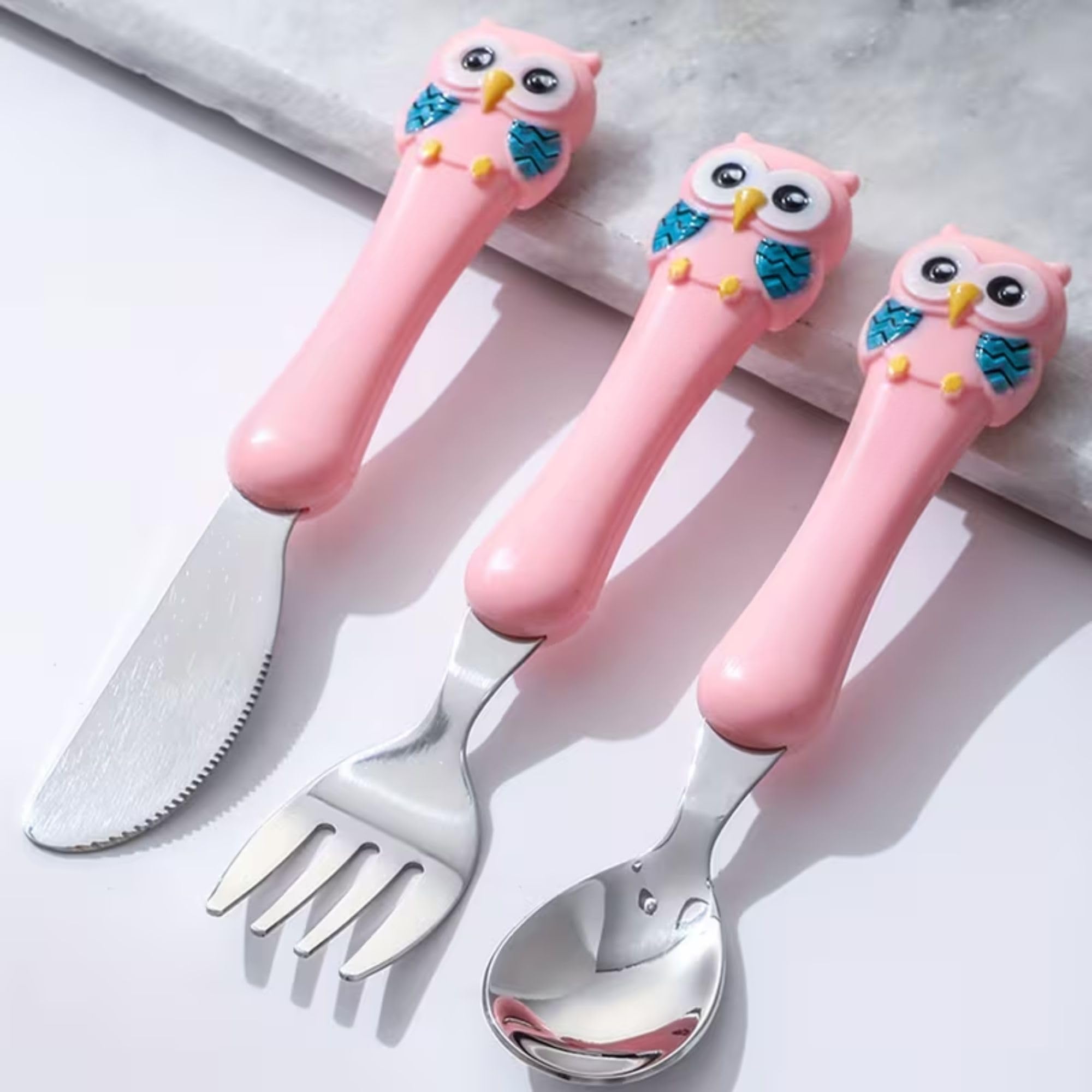 Hian Kids Feeding Spoons Set with Carry Case – 304 Stainless Steel Spoon, Fork & Knife, Bird Design Handle, Easy to Carry for Lunch Box, Travel, Picnic – Pink Color, Pack of 3-image-39
