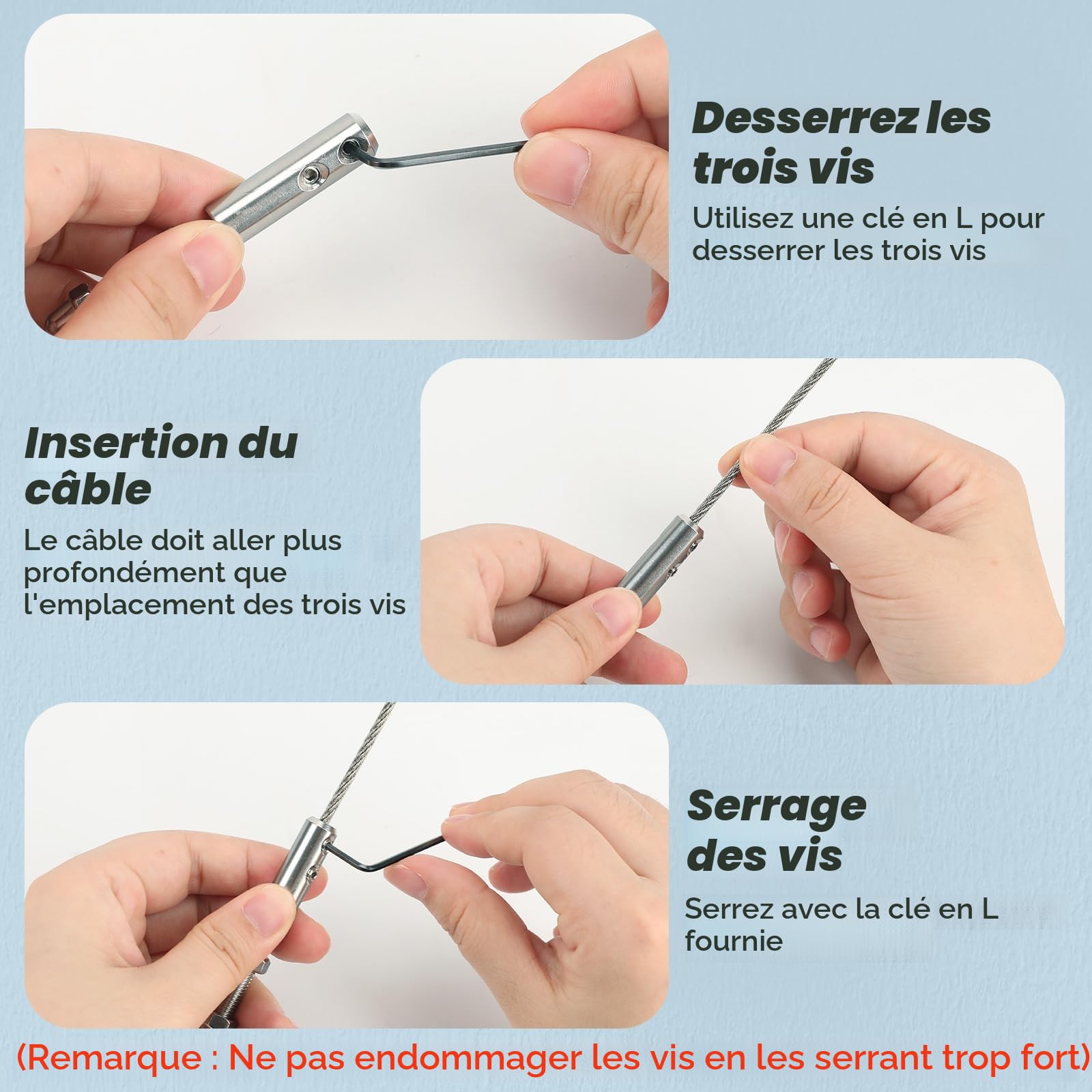 Tendeur Cable Inox pour Cable Inox 4mm, 12 Pièces et clé en L-Tendeur de câble Métallique de Câble en acier Inoxydable pour Fixation Hauba
