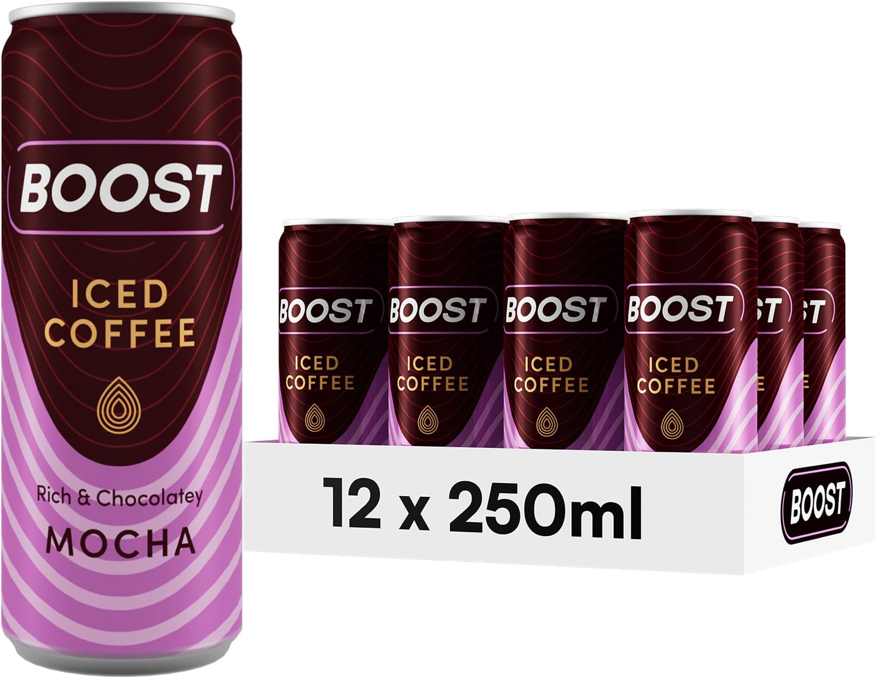 Boost Iced Coffee Cans Mocha | 12 Canned High Caffeine Drinks, Arabica and Robusta Coffee Beans and Milk | Iced Coffee Bulk Drinks | Gluten Free Coffee Chocolate Mocha Drinks Multipack | 12x250ml