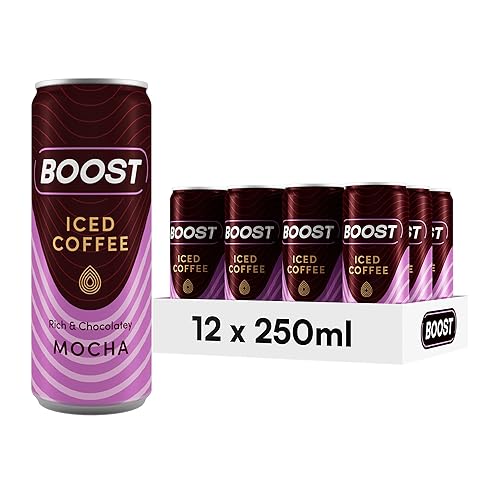 Boost Iced Coffee Cans Mocha | 12 Canned High Caffeine Drinks, Arabica and Robusta Coffee Beans and Milk | Iced Coffee Bulk Drinks | Gluten Free Coffee Chocolate Mocha Drinks Multipack | 12x250ml
