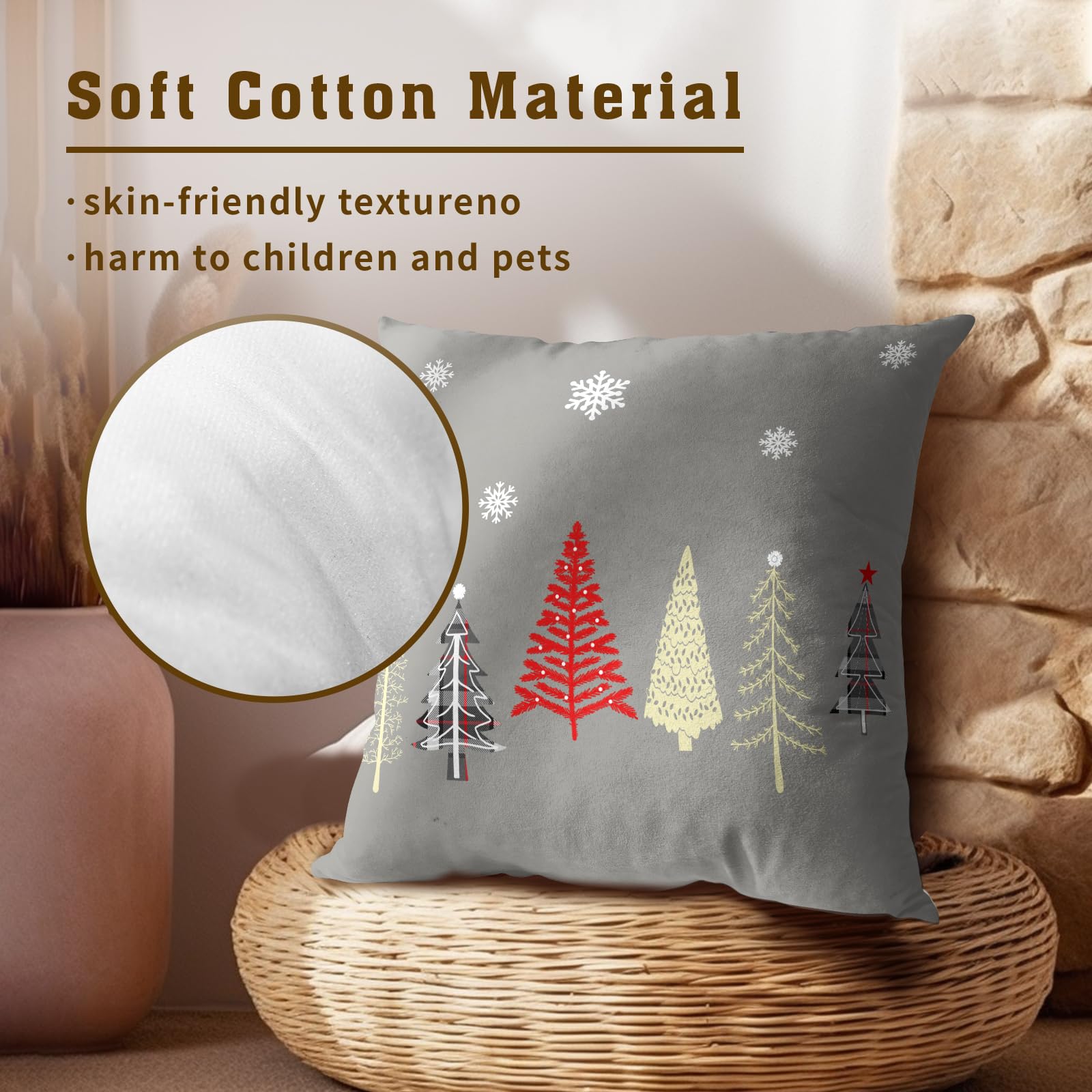 Kawani Set Di 2 Federe Per Cuscini Natalizie 45x45 Cm – Alberi Di Natale Verdi E Crema, In Lino Di Cotone