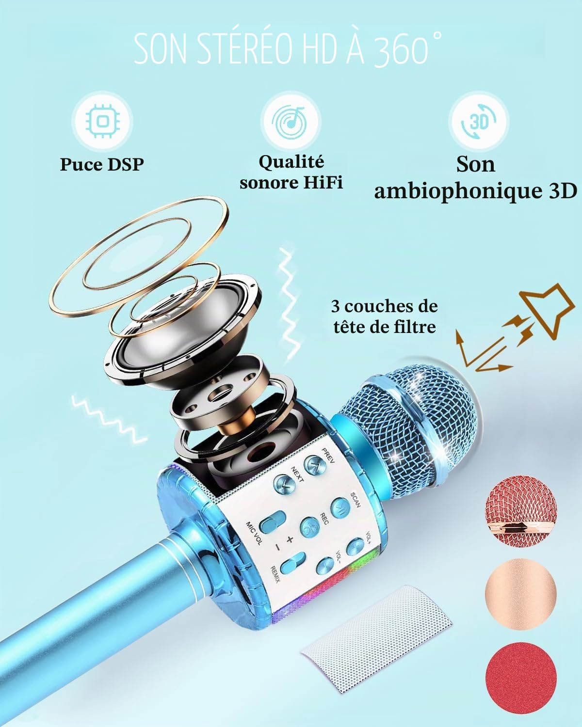Microphone de Karphone Bluetooth Sans Fil Avec Des Lumières LED Portables Chant de la Machine de Haut-Parleur Karaoké Toys Pour Enfants Adultes (Bleu+Champagne, 10 Housses de Microphone Jetables)