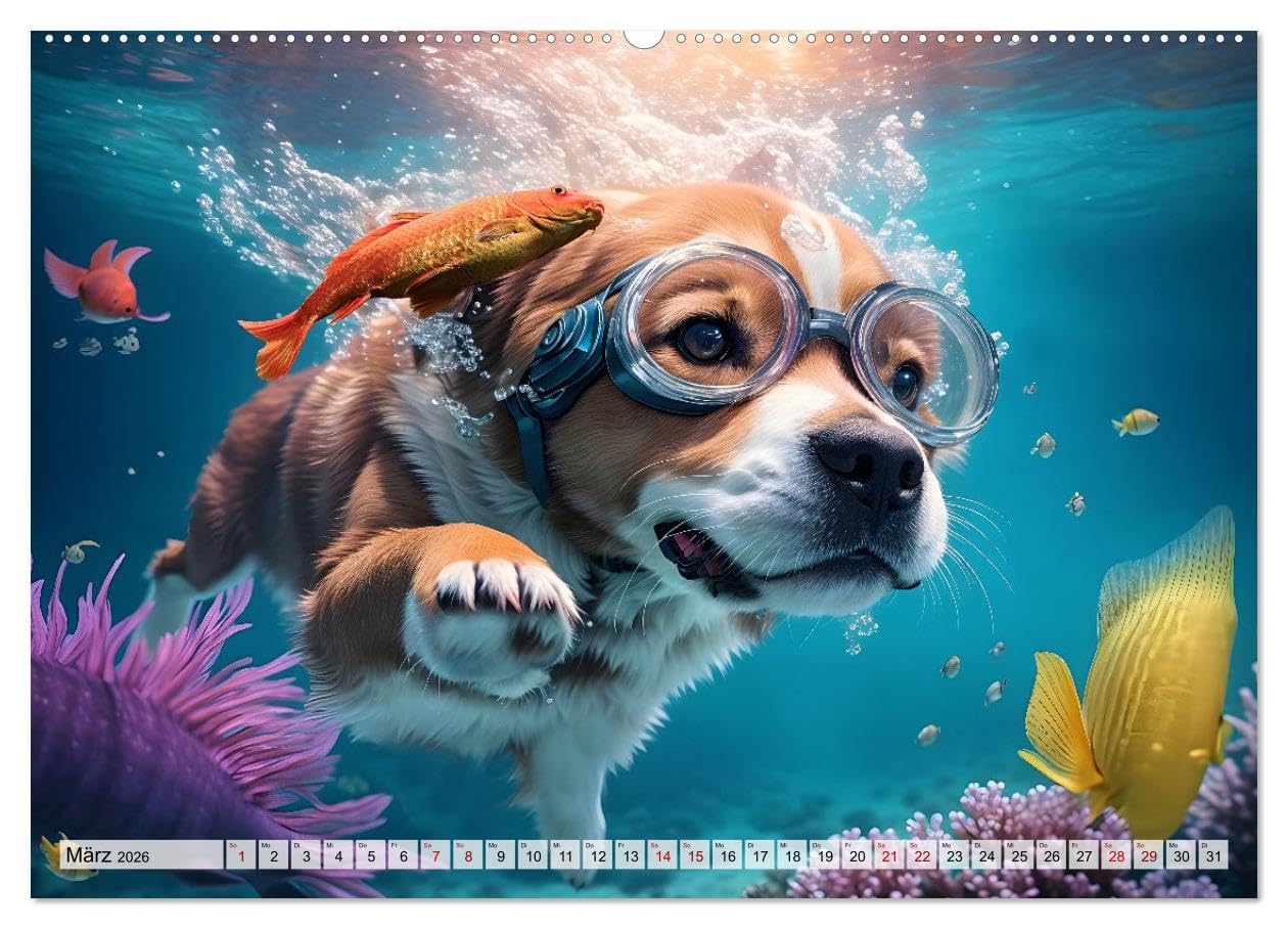 Hunde abgetaucht (Wandkalender 2026 DIN A2 quer), CALVENDO Monatskalender: Amüsante Bilder tauchender Hunde aller Rassen in einer traumhaften Unterwasserwelt (CALVENDO Tiere)