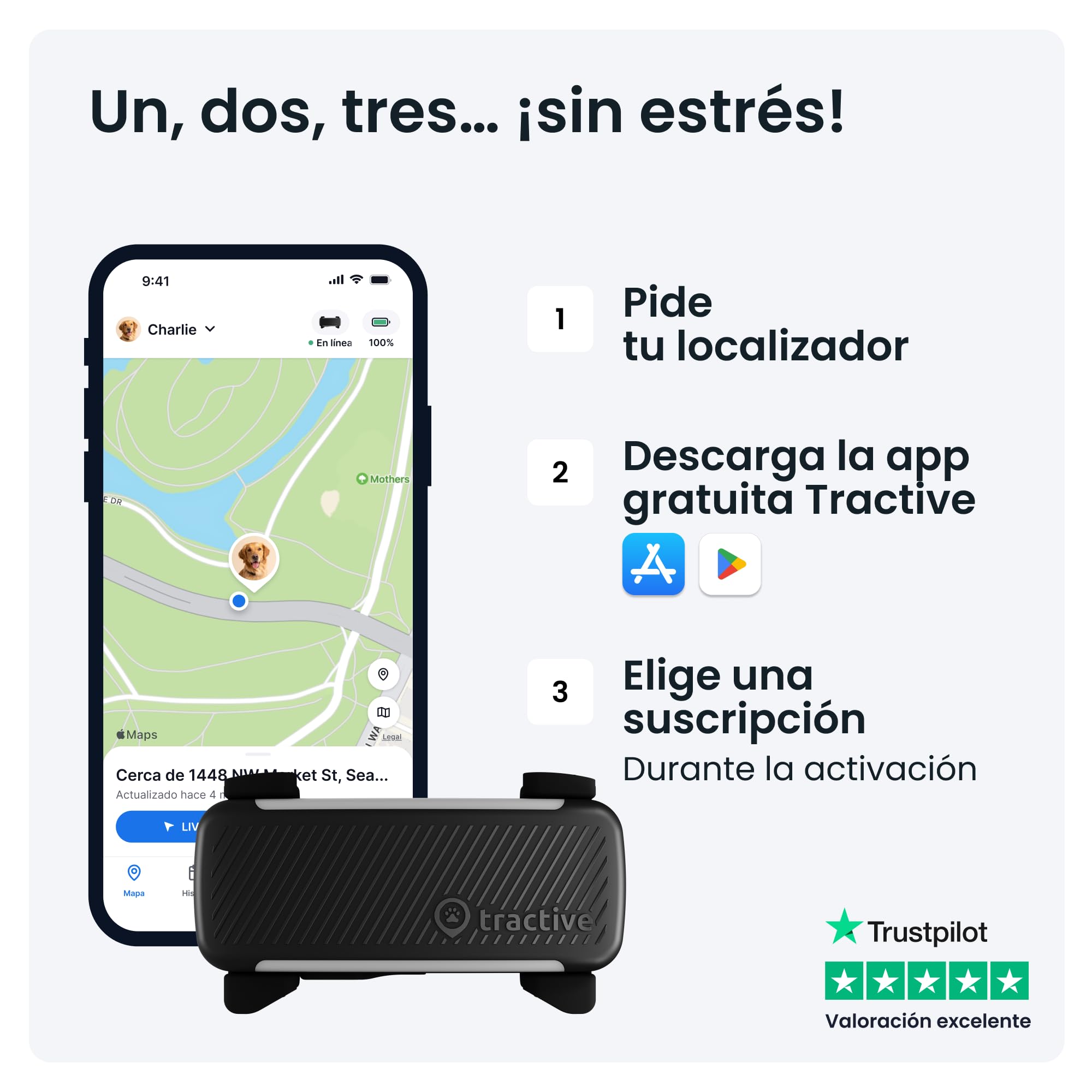 Tractive - GPS perros | 2025 Edición | N.º 1 del mercado | Localización en tiempo real | Alertas antifuga | Monitor de actividad | Avisos de salud | Seguimiento de ladridos (Negro)