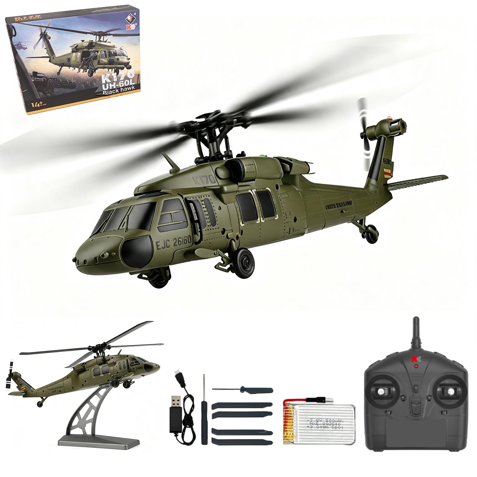 K170 RC Helicopter, 2.4G 4CH Flybarless 6-Axis Gyroscope Altitude Hovering RC elicottero militare con stand di visualizzazione e grembiule Decollo Landing Pads