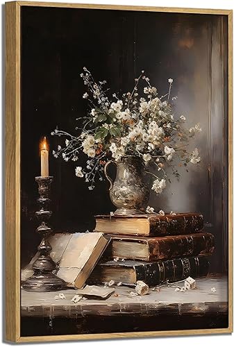 Lienzo enmarcado de libros de flores de estilo victoriano, impresiones rústicas de flores antiguas bodegones, pintura adecuada para sala de estar,