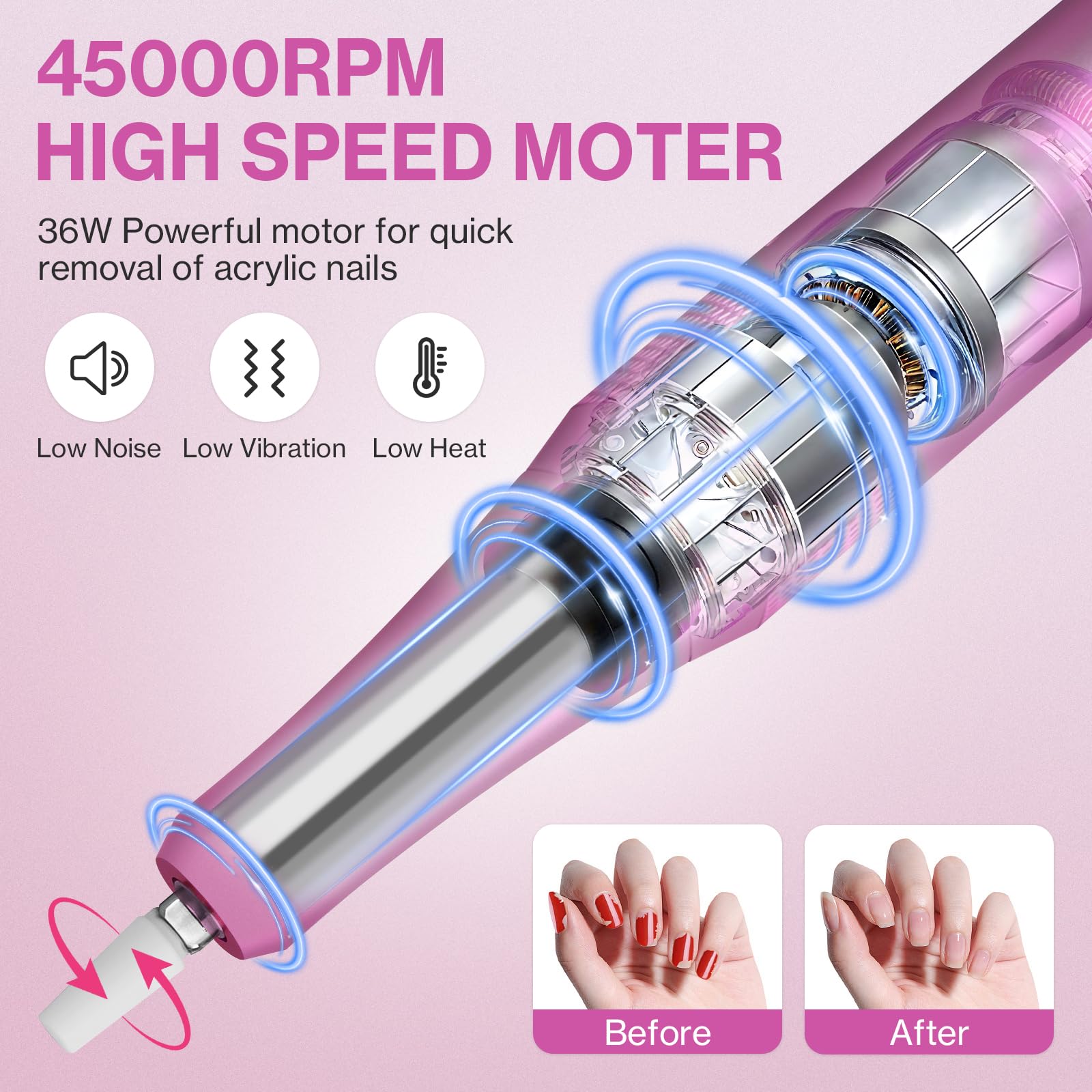 Urbuti Fresa per Unghie Professionale 45000 giri,12 testine di levigatura,Display LCD touch control,Manopola in cristallo,Lima per unghie portatile per unghie in acrilico e gel (Rosa rossa) - 2