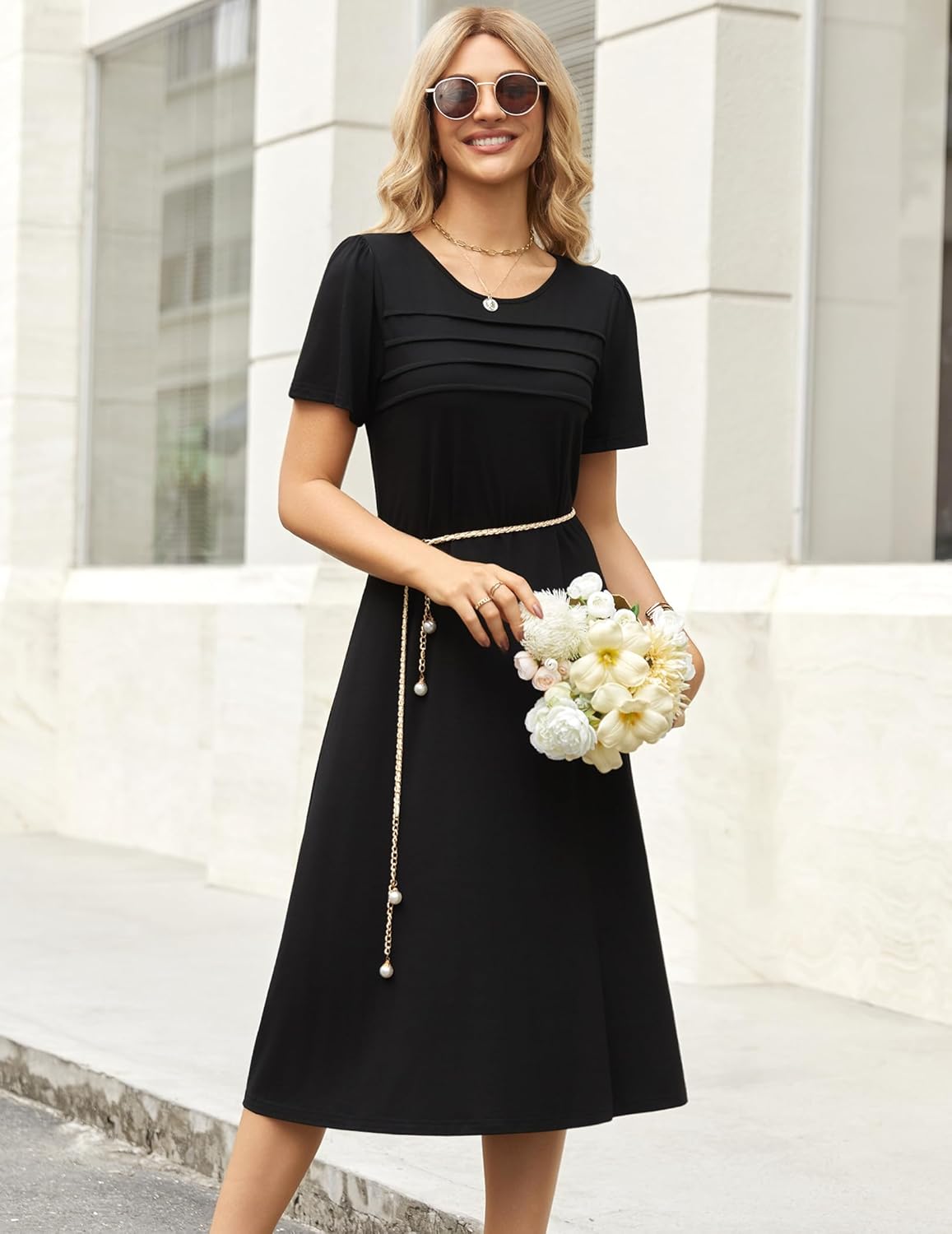 Zeagoo Womens Casual Dresses for Summer Short Sleeve Flare Midi Dress Loose Beach Sundress Pleated Front Dress with Pockets - Image 2