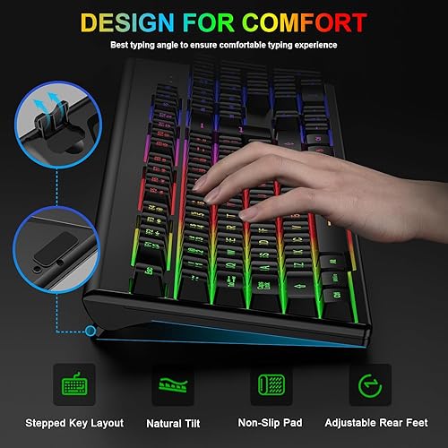 Miniatura 5 de Teclado y mouse inalámbricos para juegos, teclado inalámbrico recargable con retroiluminación arcoíris y mouse ergonómico con iluminación para