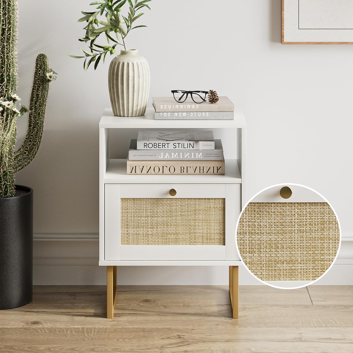 HEYZOEY Table de Chevet Moderne en Bois avec tiroir et étagère Ouverte, Petite Table d'appoint avec Cadre doré pour Chambre, Salon, Bureau (Blanc)