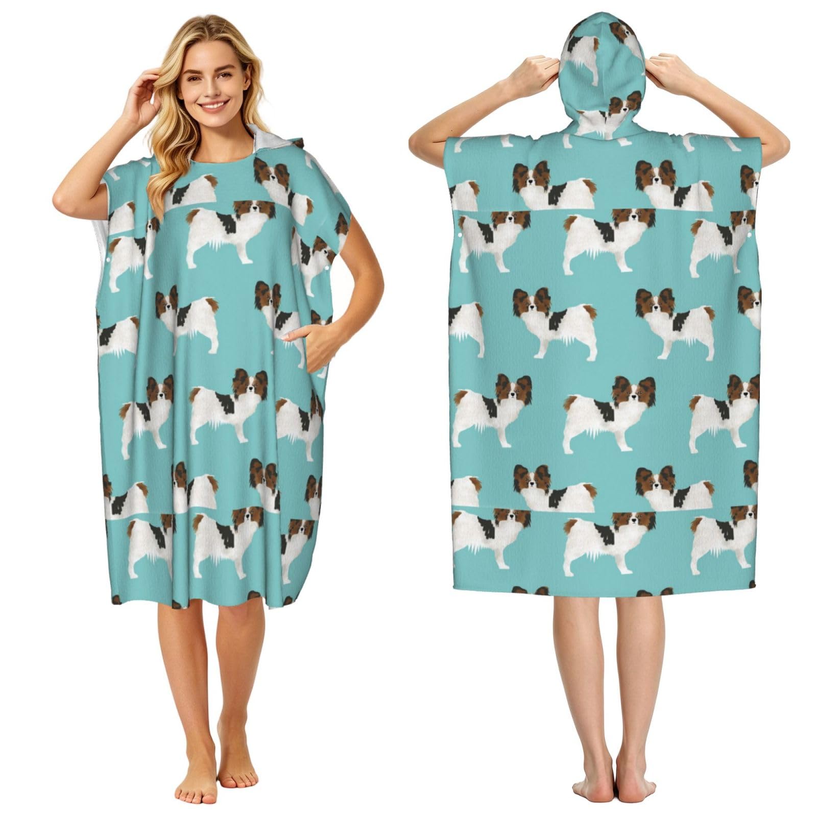 Poadnly Papillon Dogs Cute Toy Spaniel Dog, Adult Hooded Beach Towel 90 x 110 cm,Changing Bath Robe, Surf Poncho Towel For Women Men