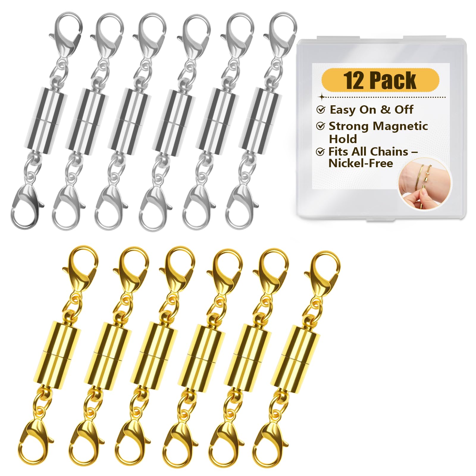 12Pcs Magnetic Necklace Clasps Labstor for Jewellery Making, Magnet Extender Clasps for Bracelet Necklaces Anklet Chain Fasteners Clasps for DIY Anniversary Holiday Christmas Gifts Gold & Silver