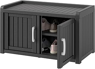KAMABOKO Outdoor Shoe Storage Cabinet, Waterproof UV-Resistant Entryway Storage Bench Indoor Outdoor with 2 Barn Doors, Adjustable Shelves for Entryway, Bedroom, Hallway,Living Room(Black)