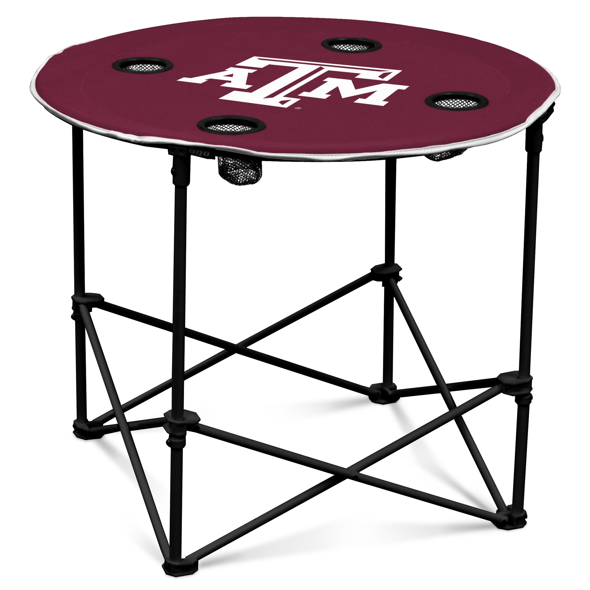 Logo Brands NCAA Texas A&amp;M Aggies Round Tailgating Table – Portable with Foldable Legs, 4 Cup Holders, Powder-Coated Steel, and 27.6" Surface Diameter, Team Color